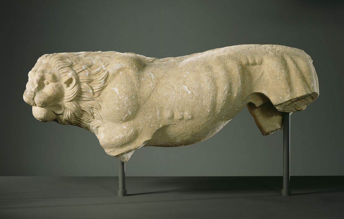 This statue of a lion from 350 BC is colorless now, but was almost surely painted with offsetting colors for the body and the mane.