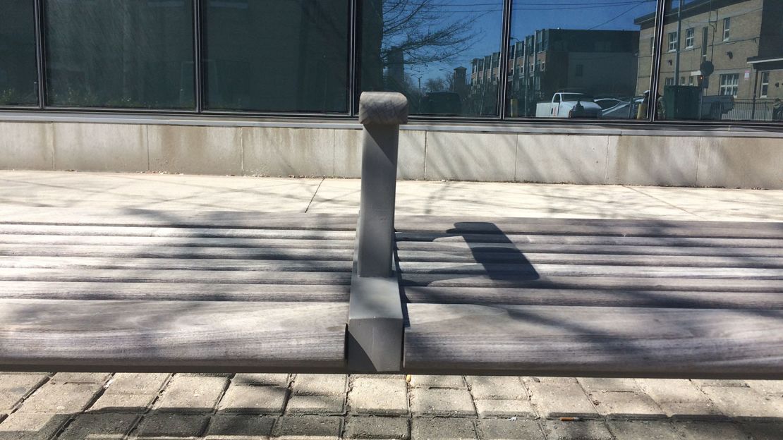 An armrest on a bench in Toronto, Canada.