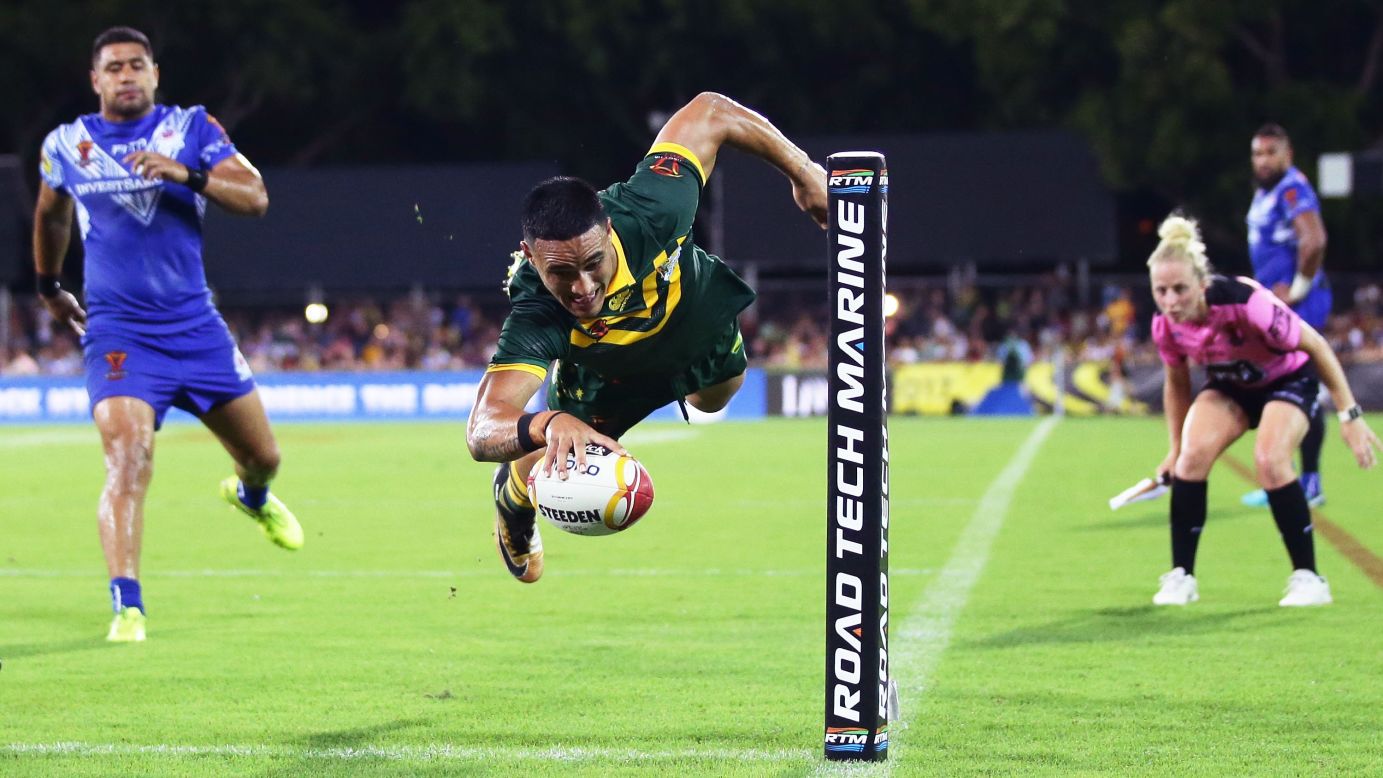 Australia's Valentine Holmes scores a try during a Rugby League World Cup quarterfinal on Friday, November 17. Australia defeated Samoa 46-0.