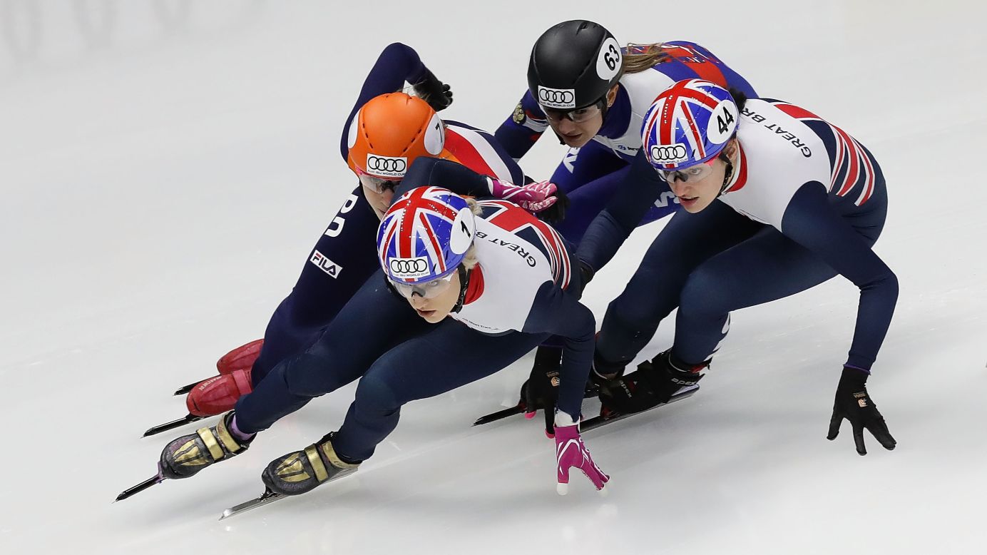 Short-track speedskaters compete in a 1,000-meter race at a World Cup event in Seoul, South Korea, on Sunday, November 19.