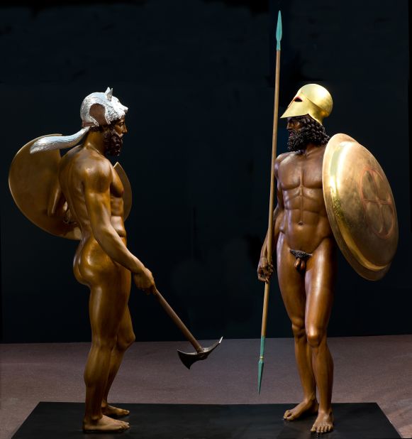 These reconstructions of the Riace Warriors are made with bronze cast, copper, colored stones, silver, and Japan lacquer. Found in 1972 off the southern coast of Italy, these life-size statues from Greece had extraordinary details, including eyes made from assembled stones of different colors. 