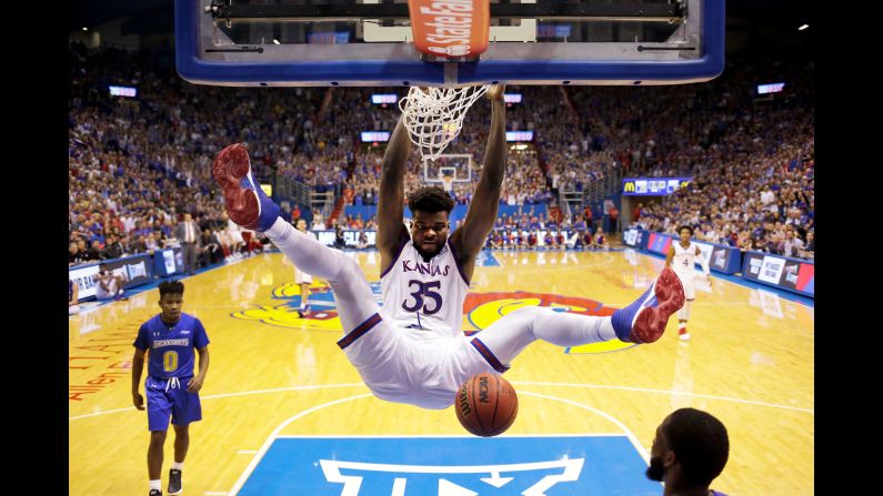 Kansas' Udoka Azubuike slams the ball during a college basketball game against South Dakota State on Friday, November 17. He scored 17 points in the Jayhawks' 98-64 victory.