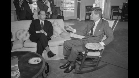 John F. Kennedy, our nation's youngest president, had a host of medical conditions that plagued him since childhood. Here, Kennedy entertains Alberto Franco Nogueira, the foreign minister of Portugal, while sitting in the rocking chair his doctor ordered to support his excruciatingly painful lower back. The photo was taken November 7, 1963, just two weeks before he was assassinated.