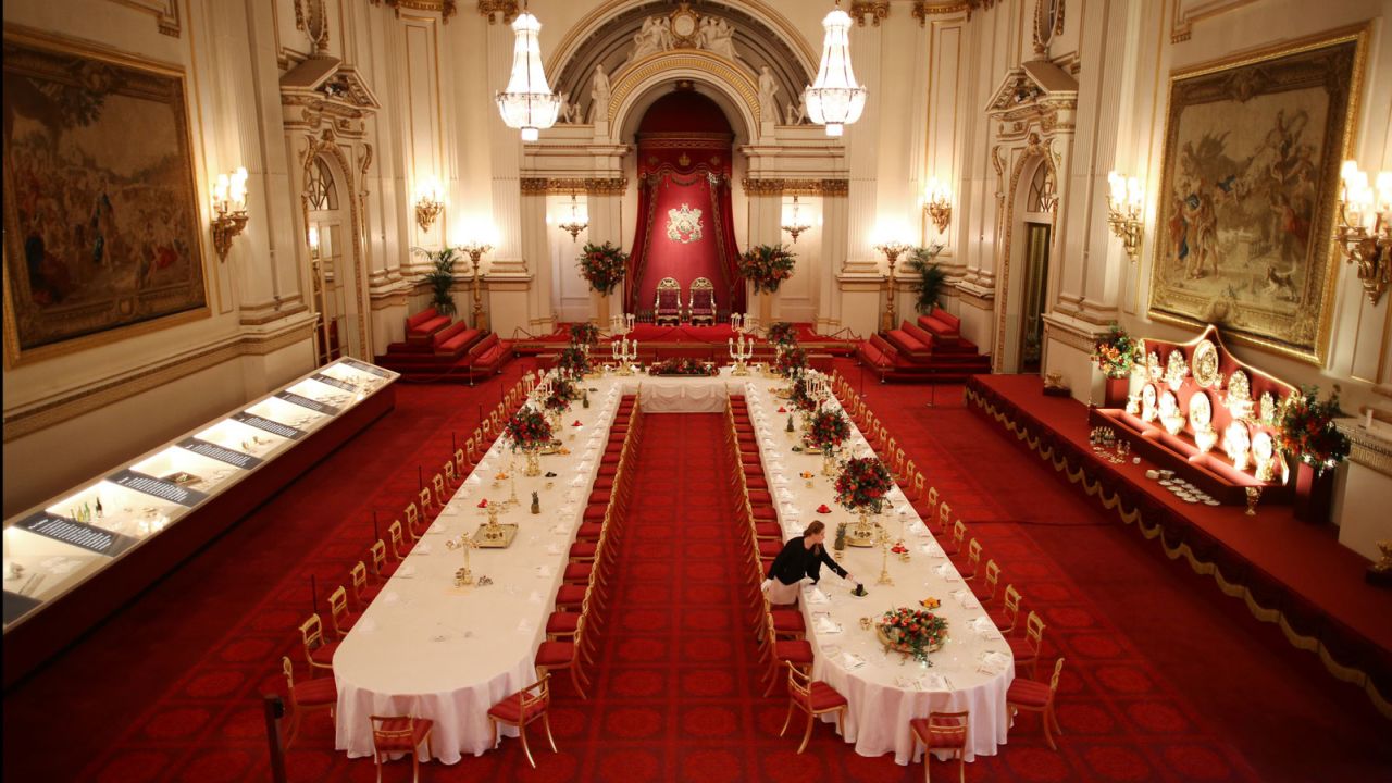 The Ballroom hosts state banquets, where guests dine with silver-gilt from George IV's Grand Service.
