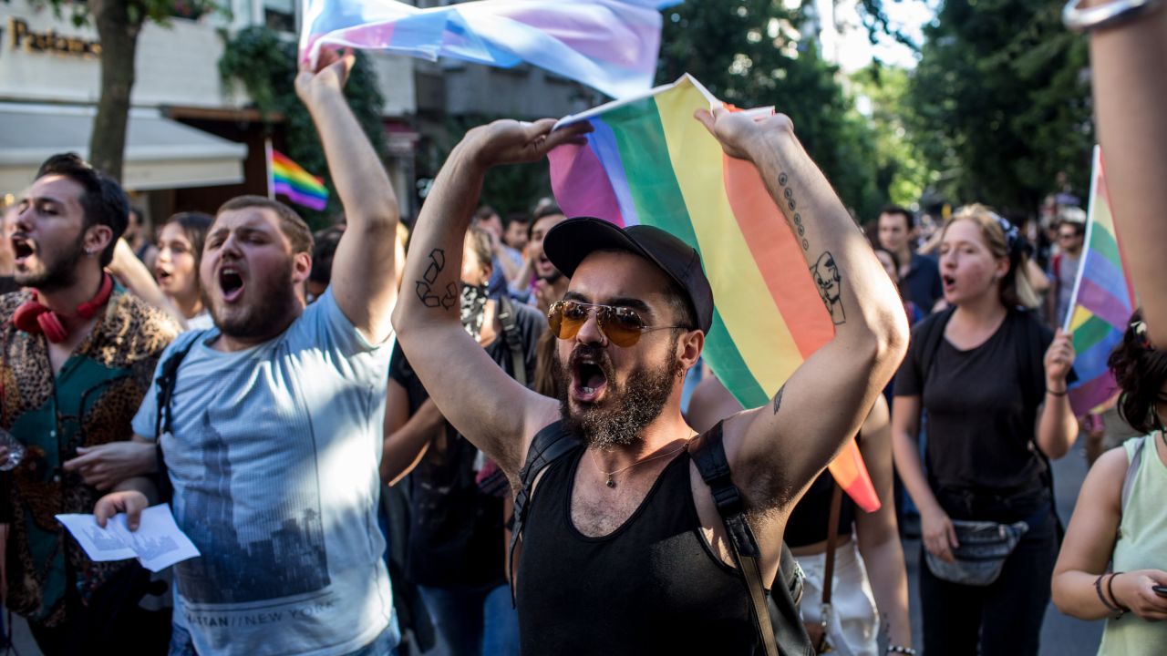 LGBT supporters march on June 25, 2017 in Istanbul, Turkey. That year's Pride March was banned by Istanbul authorities, but some organizers defied the order.