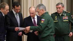 SOCHI, RUSSIA - NOVEMBER 21, 2017: Syria's President Bashar al-Assad (2nd L), Russia's President Vladimir Putin (C back), Russia's Defence Minister Sergei Shoigu (C front), and his first deputy, Chief of the General Staff of the Russian Armed Forces Valery Gerasimov (R) during a meeting at Bocharov Ruchei residence. Mikhail Klimentyev/Russian Presidential Press and Information Office/TASS (Photo by Mikhail Klimentyev\TASS via Getty Images)