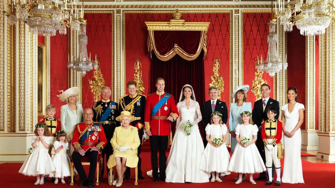 The royal family pose in the Throne Room for the Duke and Duchess of Cambridge's official wedding photos.