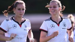 OTTAWA, ON - JUNE 04:  Sara Daebritz and Melanie Leupolz of Germany practice during a training session at Richcraft Recreation Complex on June 4, 2015 in Ottawa, Canada.  (Photo by Dennis Grombkowski/Bongarts/Getty Images)