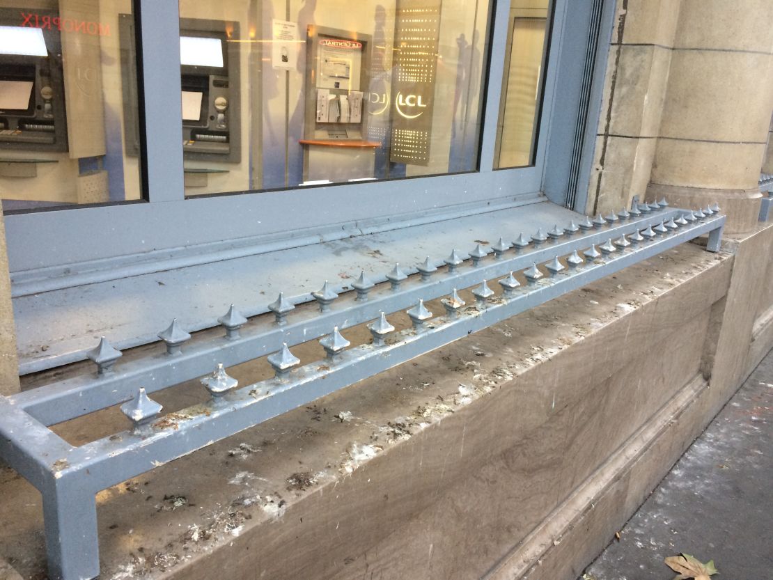 Anti-loitering spikes on a window edge in Paris, France.