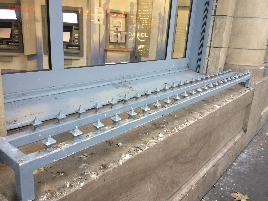 Besides benches, hostile architecture can come in other forms -- like this window sill with anti-loitering spikes, which stop people perching on the concrete ledge.