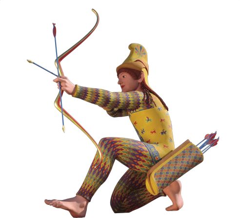 This reconstruction is a synthetic marble cast with natural pigments in egg tempera, lead, and wood. Raking light analysis on the original statues revealed the complex patters of the garments on the archer, including leggings with at least five colors.