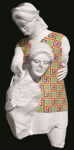On the original statue, which dates back to 490 BC, no traces of pigment had survived. The color combination is based on the most commonly used pigments of the era.