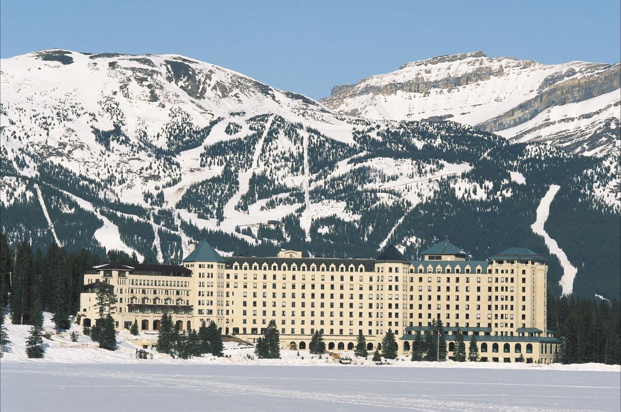 The famous old hotel lies across the valley from the ski area. 