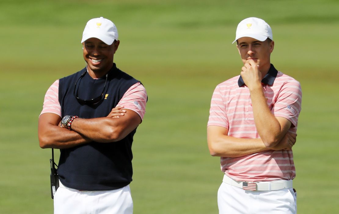 US vice captain Tiger Woods alongside Jordan Spieth at the 2017 Presidents Cup in New Jersey.