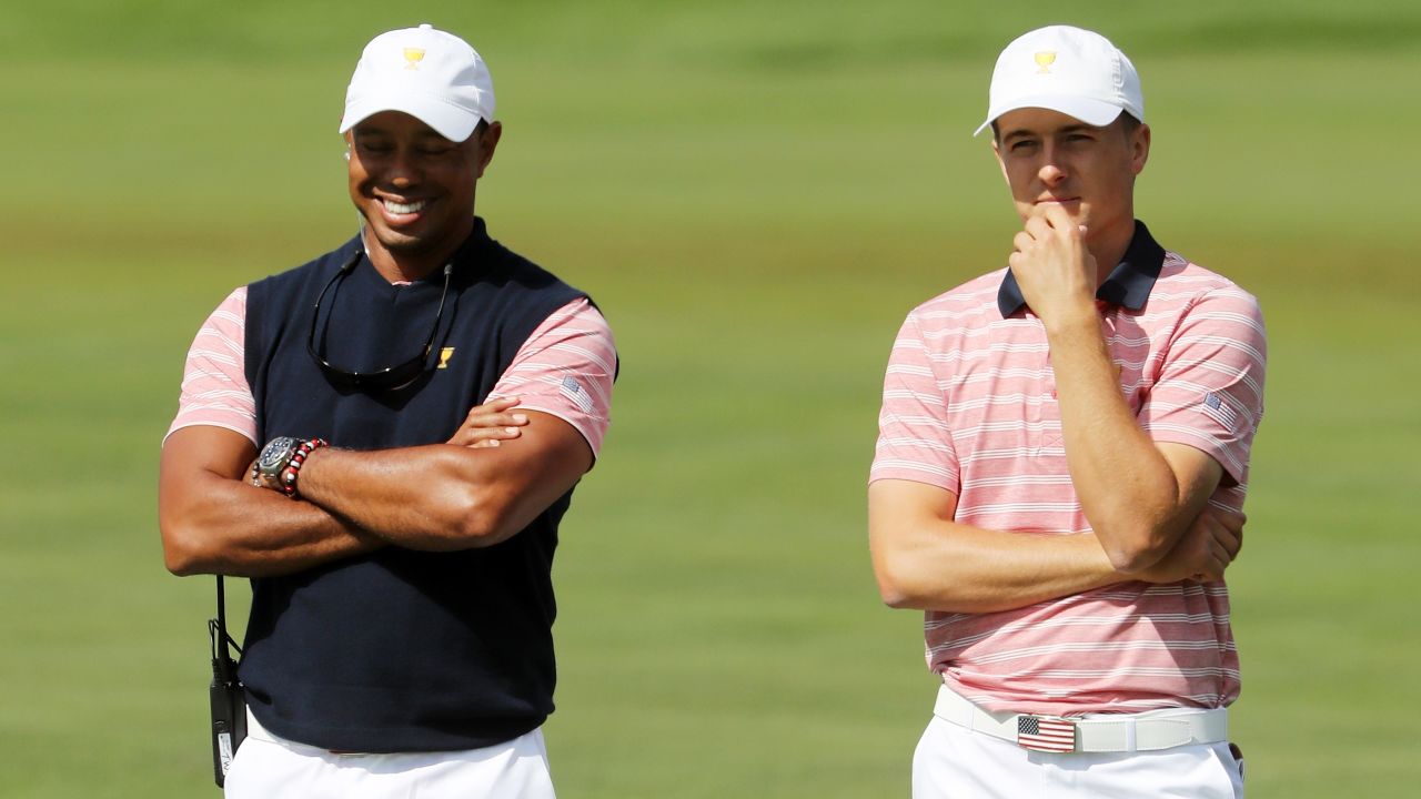 US vice captain Tiger Woods alongside Jordan Spieth at the 2017 Presidents Cup in New Jersey.