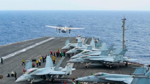 A C-2A Greyhound plane launches from the USS Ronald Reagan during a 2017 exercise.