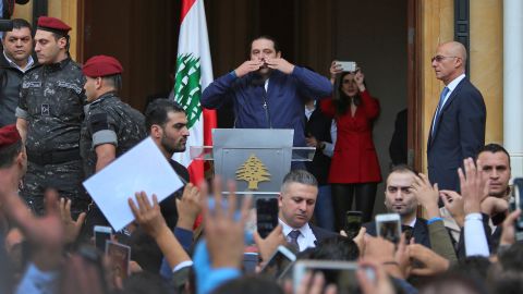 Lebanese Prime Minister Saad Hariri greets his supporters in Beirut on Wednesday.