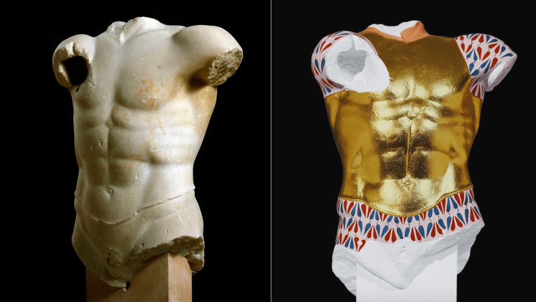 This statue, known as the "Cuirassed Torso," was uncovered in 1886. A cuirass was a breastplate shaped in metal or leather to fit the torso of a warrior. No pigments were left on the marble, but ultraviolet and raking light analysis revealed traces of a variety of colors that were used for the reconstruction.