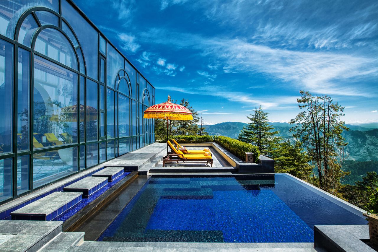Towering at 8,000 feet above sea level, Wildflower Hall boasts an unobstructed view of the Himalayas.