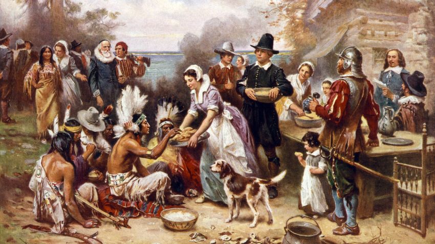 The First Thanksgiving in 1621, after a painting by Jean Leon Gerome; screen print, 1932. (Photo by GraphicaArtis/Getty Images)