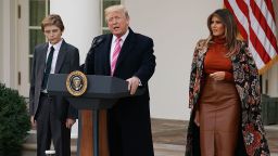 WASHINGTON, DC - NOVEMBER 21:  U.S. President Donald Trump delivers remarks with his son Barron Trump and first lady Melania Trump before pardoning the National Thanksgiving Turkey in the Rose Garden at the White House November 21, 2017 in Washington, DC. Following the presidential pardon, 'Drumstick,' the 40-pound White Holland breed which was raised by Turkey Federation Chairman Carl Wittenburg in Minnesota, will then reside at his new home, 'Gobbler's Rest,' at Virginia Tech.  (Photo by Chip Somodevilla/Getty Images)