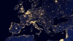 Europe with its network of bright city lights, 2012.