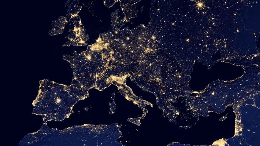 Europe has a network of bright city lights, as shown in this image acquired in 2012.