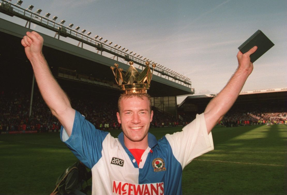 In 1994, then Blackburn Rovers striker Alan Shearer celebrates after his team won the league title.
