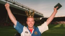 14 MAY 1994:  BLACKBURN ROVERS STRIKER ALAN SHEARER CELEBRATES AFTER HIS TEAM CLINCHED THE LEAGUE TITLE AFTER THEIR GAME AGAINST LIVERPOOL AT ANFIELD IN LIVERPOOL.