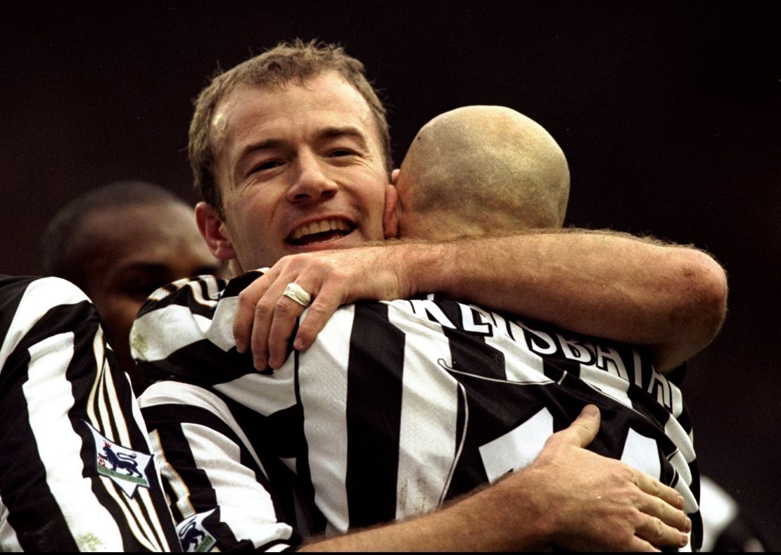 In 1999, Alan Shearer, of Newcastle United, celebrates his goal during an FA Carling Premiership.