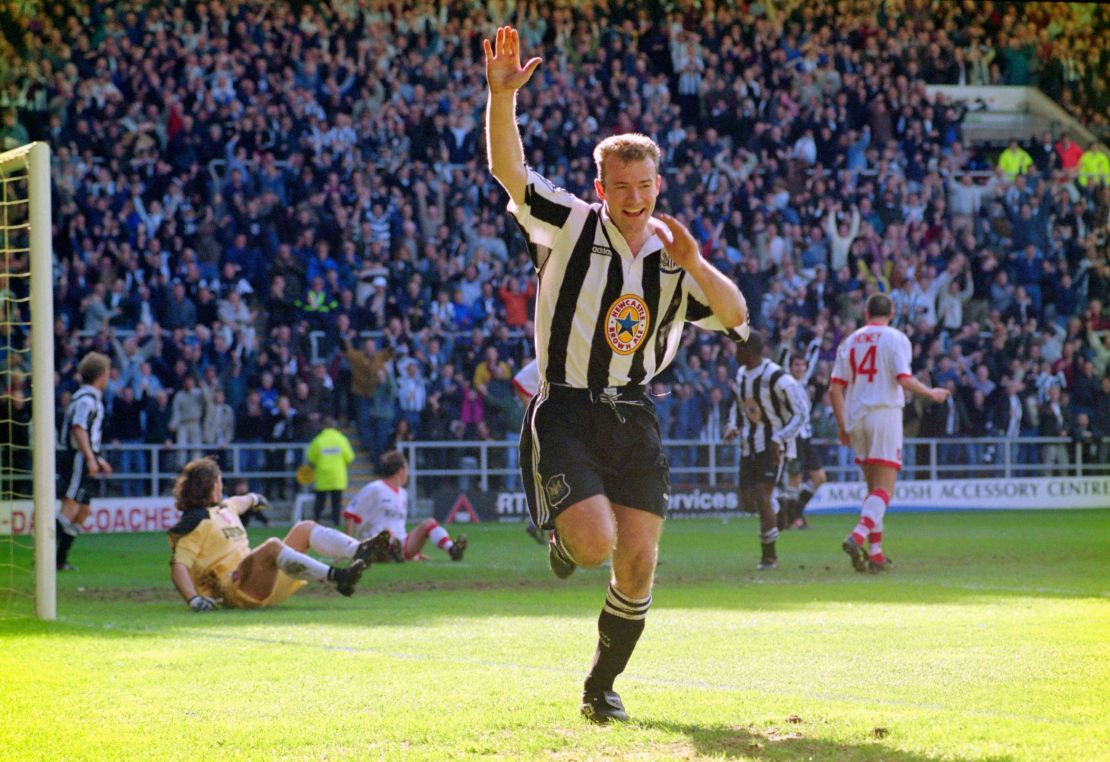Newcastle striker Alan Shearer celebrates after scoring in the 77th against Sunderland  on April 5, 1997. 