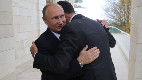 Vladimir Putin embraces Bashar al-Assad during a meeting in Sochi, Russia in November, 2017.
