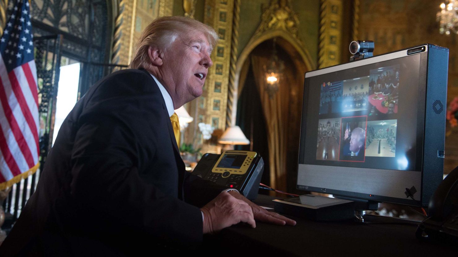 President Donald Trump thanks members of the US military via video teleconference Thursday.