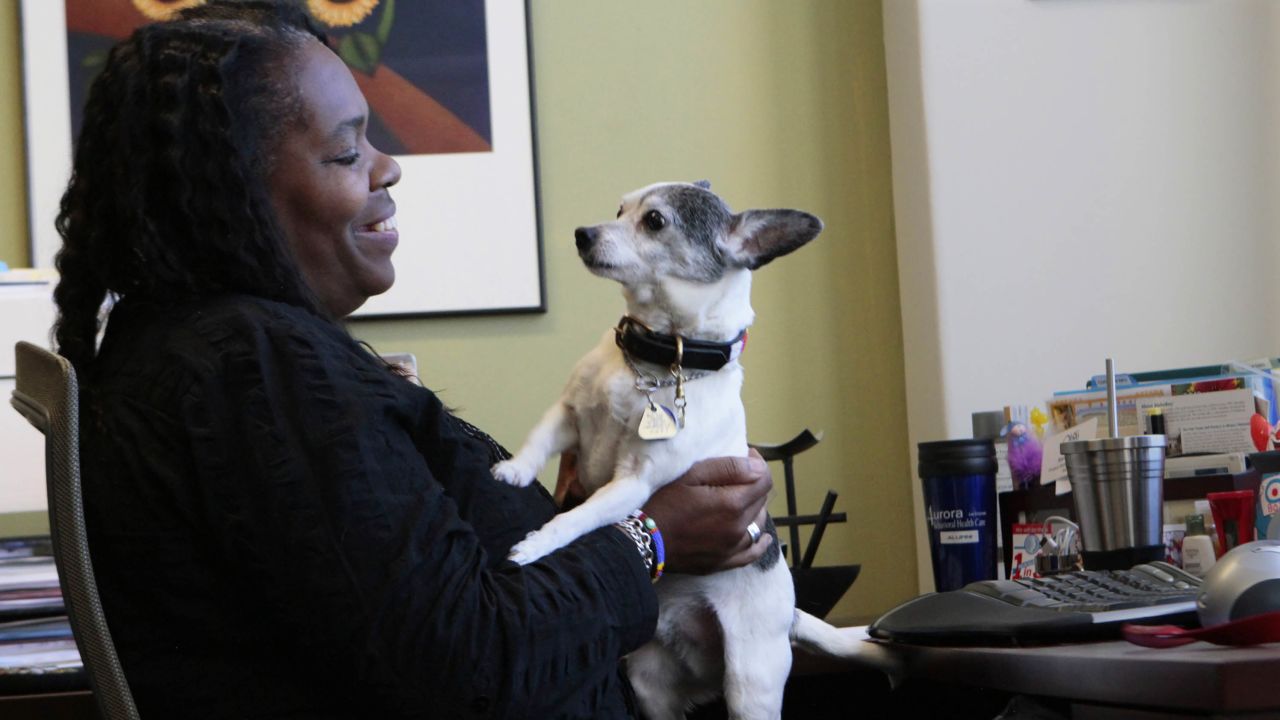 Keris Myrick (pictured in 2012) lives with her dog, Steinbeck, now 18 and a retired service dog.