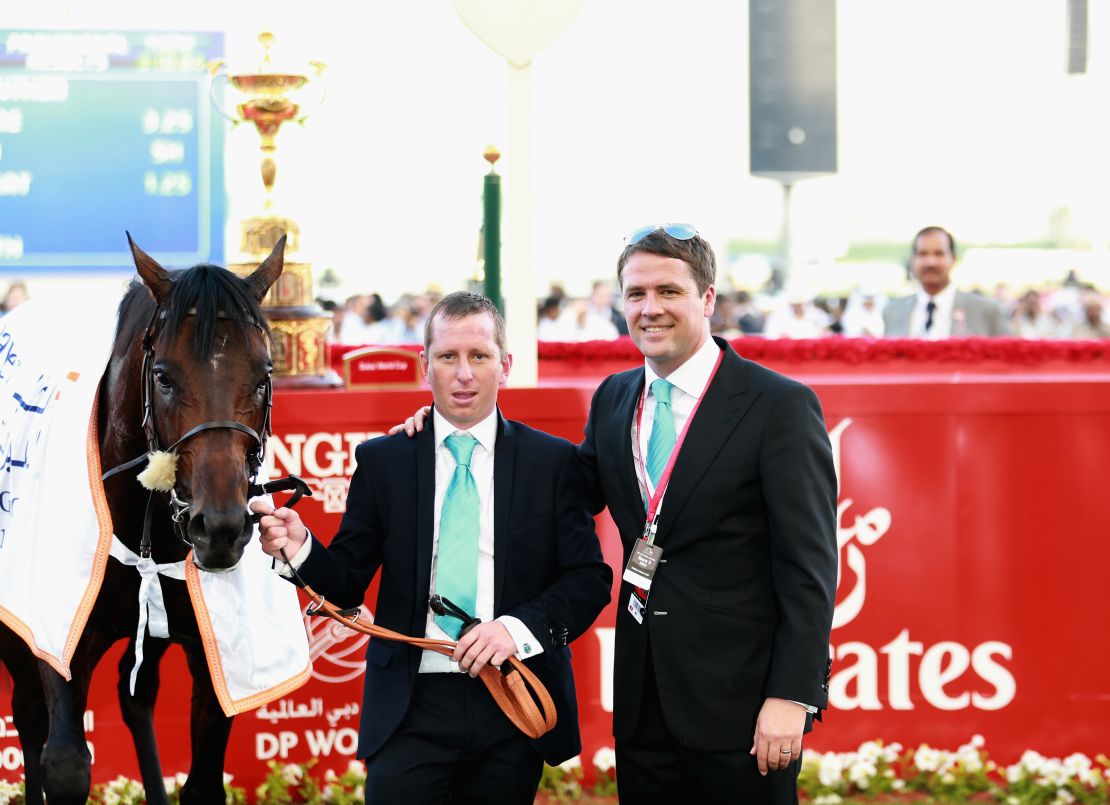 Owen celebrates Brown Panther's Dubai Gold Cup win in 2015.