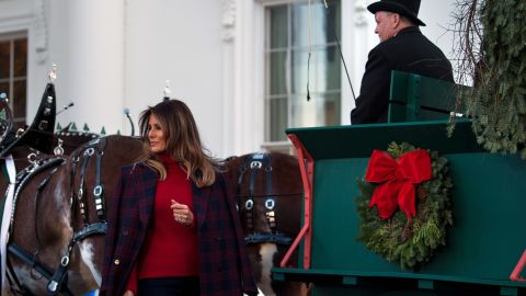 First lady Melania Trump arrives to receive a Christmas tree during an event at the White House on November 20, 2017, in Washington.