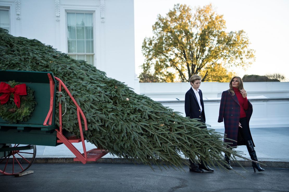 First lady Melania Trump and Barron Trump arrive to receive a Christmas tree on November 20 at the White House.