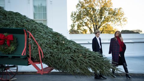 First lady Melania Trump and Barron Trump arrive to receive a Christmas tree on November 20 at the White House.