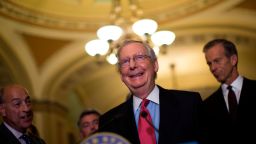 WASHINGTON, DC - OCTOBER 24:  Senate Majority Leader Mitch McConnell (R-KY) addresses reporters following a lunch with Senate Republicans and President Donald Trump, on Capitol Hill, October 24, 2017 in Washington, DC.  Trump joined the senators to talk about upcoming legislation, including the proposed GOP tax cuts and reform. (Photo by Drew Angerer/Getty Images)