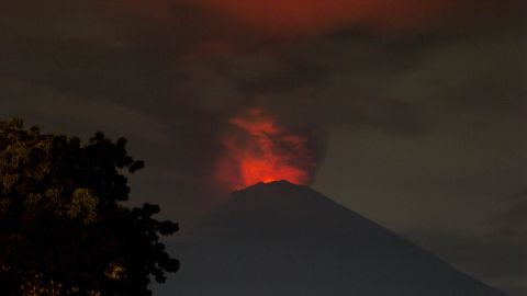 A view of Mount Agung Volcano Erupted in the morning from Amed Beach. 