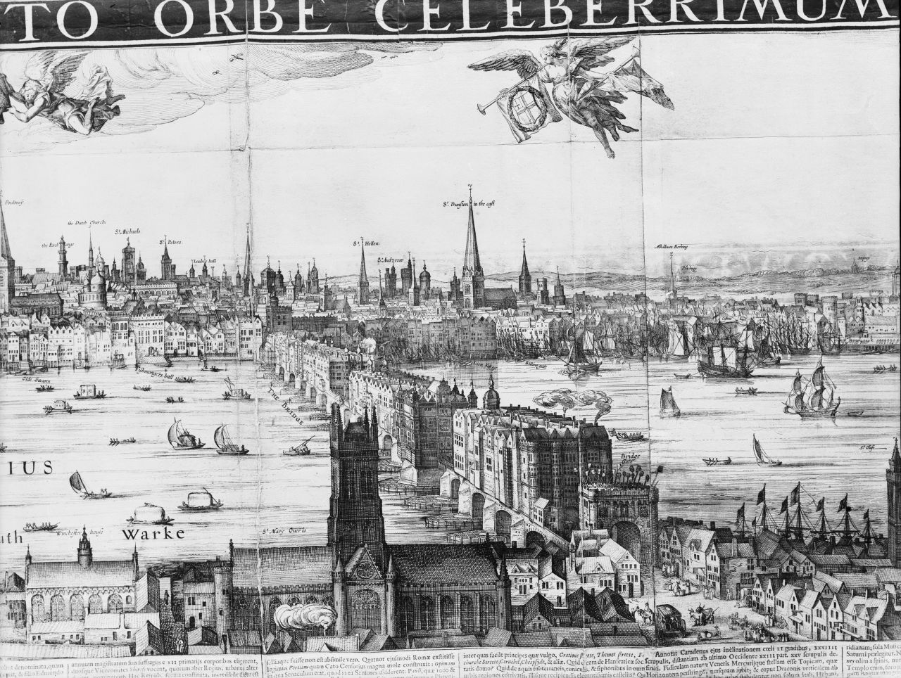 This detail from Vischer's Panorama of London (1616), shows the over-populated medieval London Bridge. 