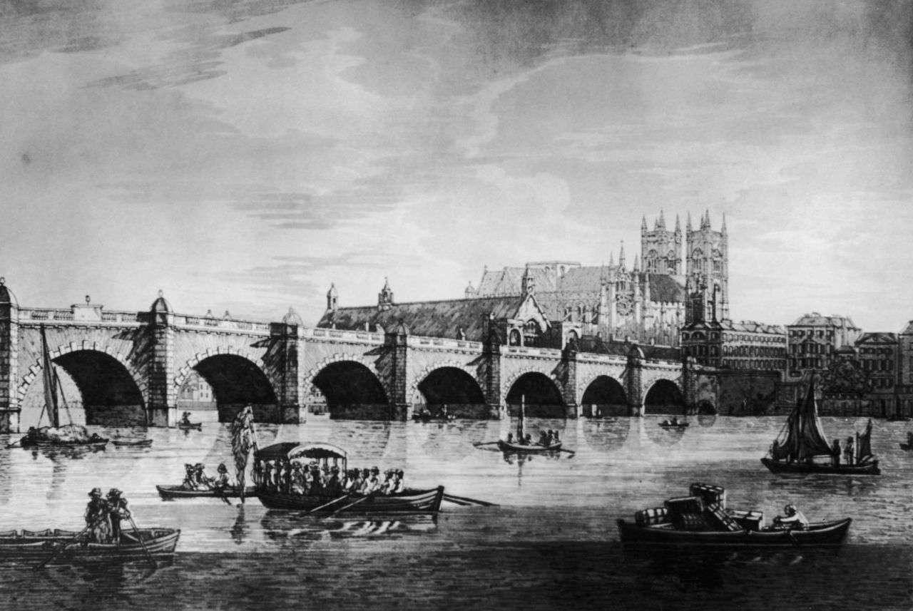 The original Westminster Bridge circa 1790, from an aquatint by Farrington and Stadler. 