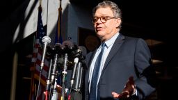 US Senator Al Franken, Democrat of Minnesota, speaks outside his office on Capitol Hill in Washington, DC, on November 27, 2017.
Charges of sexual harassment and misconduct have shaken politicians of both parties raising pressure on people like US Representative John Conyers, Democrat of Michigan, and Franken to step down, and on an Alabama candidate for the US Senate, Republican Roy Moore, to drop out of that race. / AFP PHOTO / JIM WATSON        (Photo credit should read JIM WATSON/AFP/Getty Images)