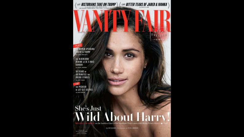 Markle appears on the <a href="index.php?page=&url=https%3A%2F%2Fwww.vanityfair.com%2Fstyle%2F2017%2F09%2Fmeghan-markle-cover-story" target="_blank" target="_blank">cover of Vanity Fair</a> in September 2017. In an accompanying interview, Markle first <a href="index.php?page=&url=http%3A%2F%2Fedition.cnn.com%2F2017%2F09%2F05%2Feurope%2Fmeghan-markle-vanity-fair%2Findex.html">spoke publicly </a>about her relationship with Prince Harry.