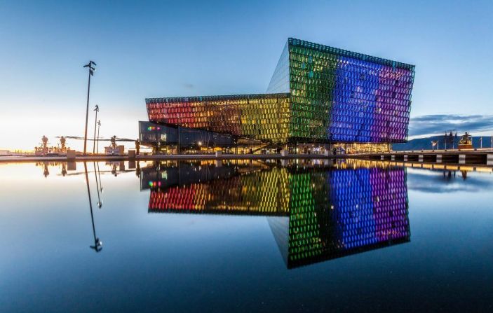 The crystalline facade of Reykjavik's geometric concert hall, Harpa, reflects and fragments light in different ways, depending on the time of day.