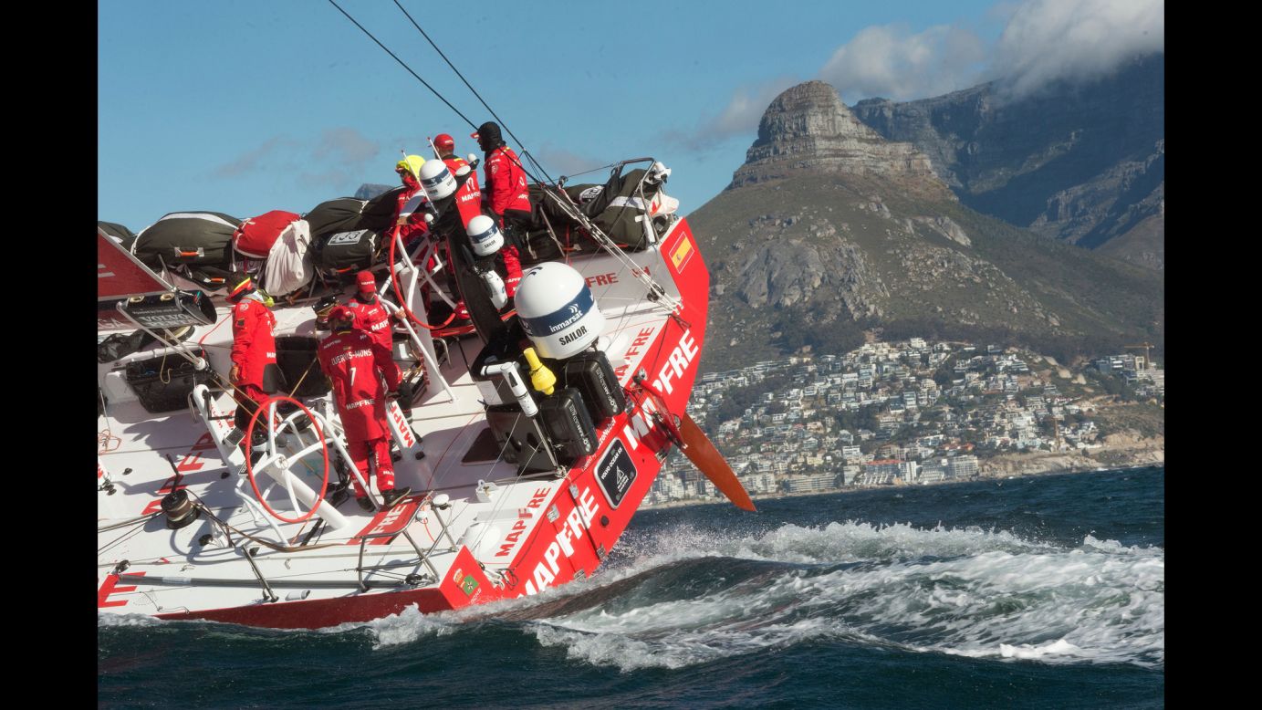 The Spanish sailing team Mapfre arrives in South Africa's Table Bay to win the second leg of the Volvo Ocean Race on Friday, November 24. The leg started in Lisbon, Portugal.