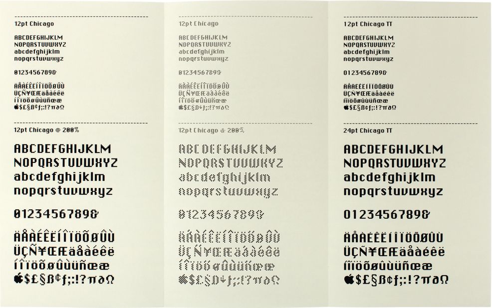 A pixel-based typeface for the digital age, Chicago was designed by <a href="https://edition.cnn.com/style/article/visual-history-of-typefaces/index.html" target="_blank">Susan Kare</a> as a user-friendly font for the first Apple Macintosh Computer in 1984. Its name <a href="https://www.chicagomag.com/city-life/September-2018/Chicago-the-Typeface/" target="_blank" target="_blank">allegedly</a> came from Apple founder Steve Jobs, who wanted the company's custom fonts to be named after cities around the world.