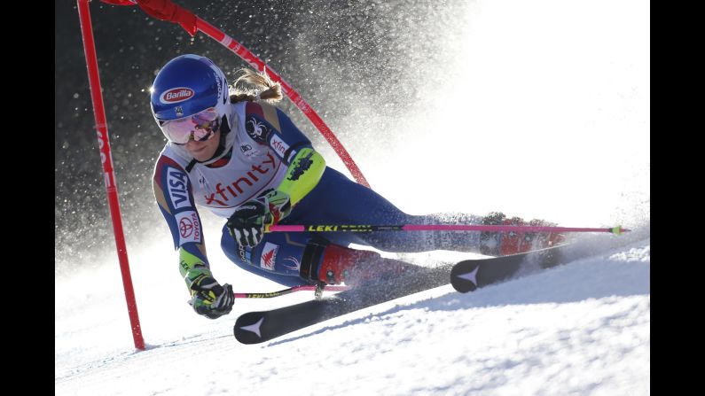 American skier Mikaela Shiffrin competes in <a href="index.php?page=&url=http%3A%2F%2Fwww.cnn.com%2F2017%2F11%2F26%2Fsport%2Fworld-cup-skiing-lake-louise-canada-men%2Findex.html" target="_blank">a World Cup competition</a> in Killington, Vermont, on Saturday, November 25. Shiffrin won the slalom and finished second in the giant slalom.