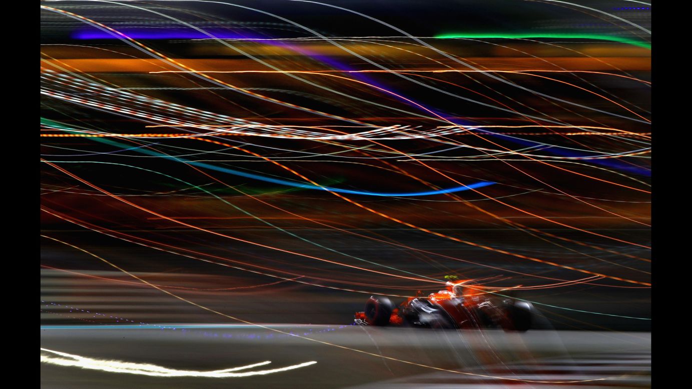 In this photo, taken using a slow shutter speed, Formula One driver Stoffel Vandoorne competes in the Abu Dhabi Grand Prix on Sunday, November 26.