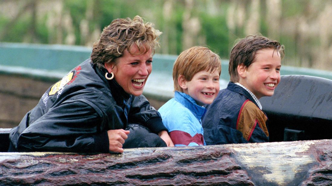 Princess Diana and her sons visit Thorpe Park, a theme park in Surrey, England, in 1993.